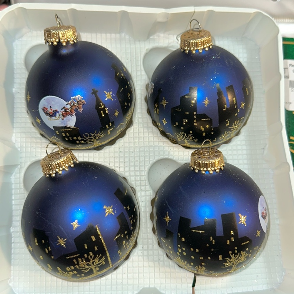 4x Glass Christmas Ornaments by Krebs Blue Balls SANTA SLEIGH CITY Glitter USA